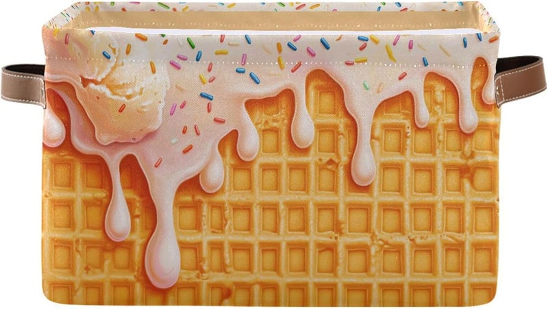 DOMIKING Icecream Waffle Yellow Rectangular Storage Bin Basket with Handles - Nursery Storage Laundry Hamper Storage Baskets - Image 1